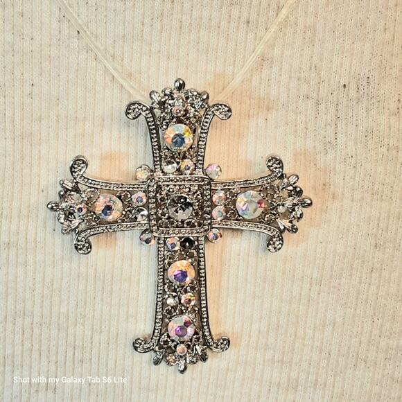 Ornate Silver Tone Cross Pendant Aurora Borealis Rhinestones - Picture 3 of 11